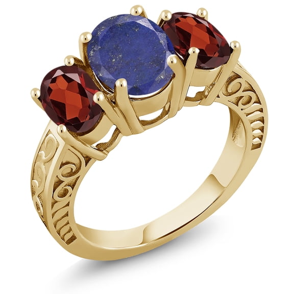 Gem Stone King 4.00 Ct Oval Blue Lapis Red Garnet 18K Yellow Gold Plated Silver Ring (Size 5)