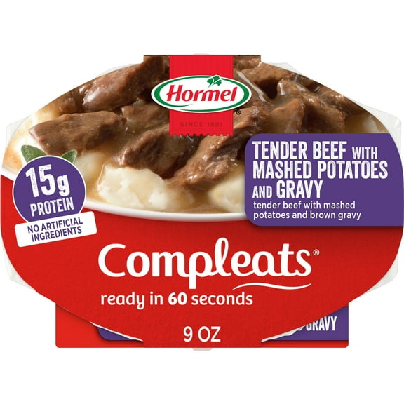 HORMEL COMPLEATS Tender Beef and Mashed Potatoes with Gravy, Shelf Stable, 9 oz Plastic Tray (6 Pack)