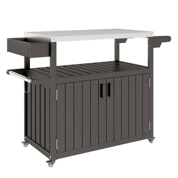 Outdoor Bar Cart with Storage, Stainless Steel Tabletop, Wheeled Kitchen Island - Gray