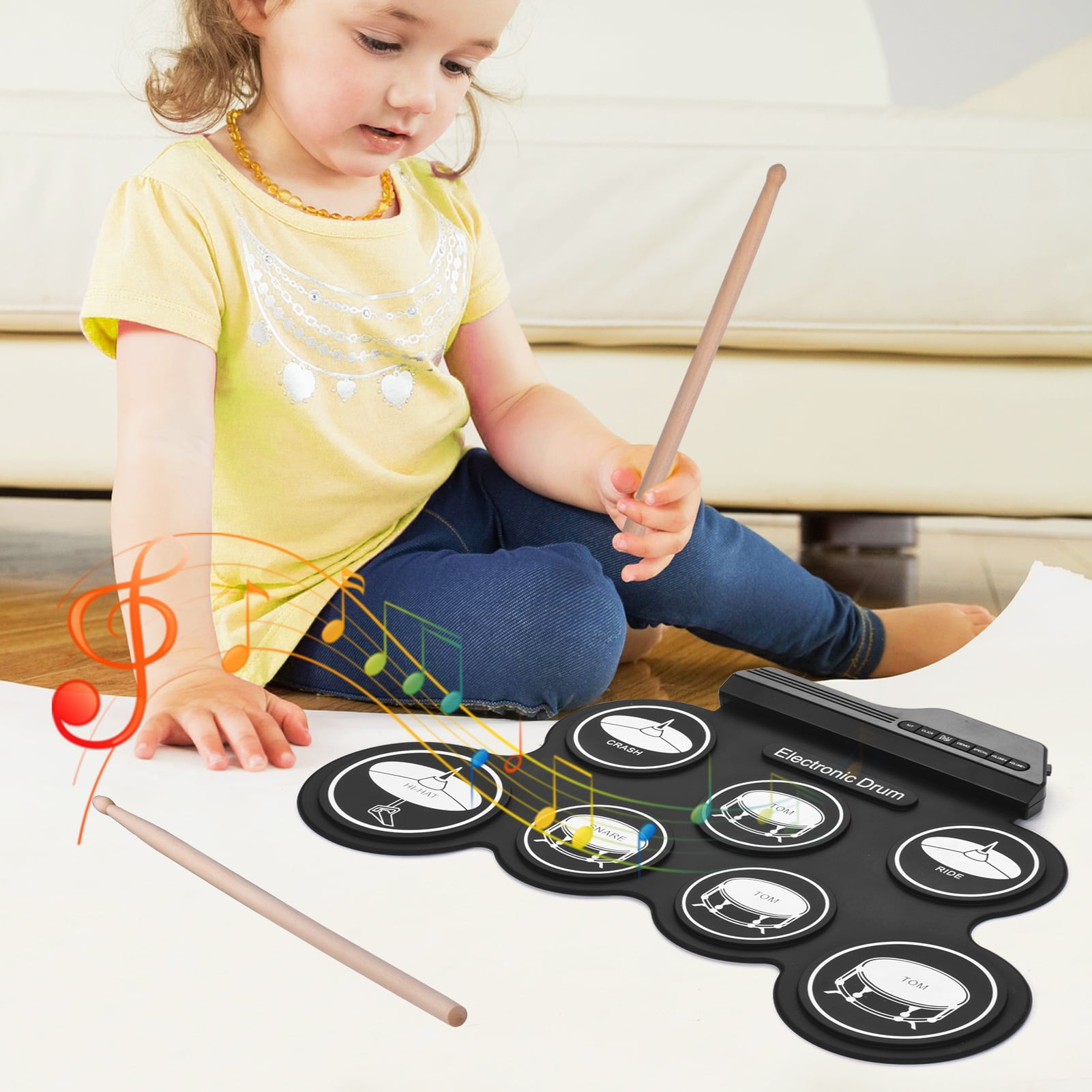 Compact Size USB Roll-Up Silicon Drum Set Digital Electronic Drum Kit 7 Drum Pads with Drumsticks Foot Pedals for Beginners Children Kids