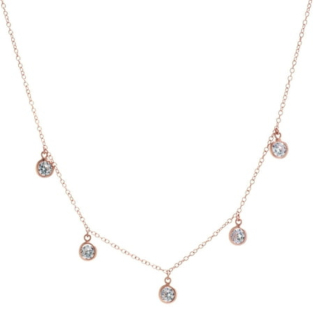 4mm Round Black Rubber Necklace - Fine Rose Gold Plate Over Sterling Silver 4MM Round CZ Station Necklace