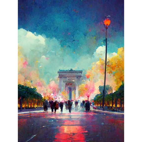 Colourful Champs-Elysees And Arc De Triomphe Modern Unframed Wall Art Print Poster Home Decor