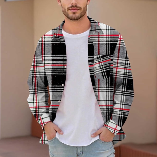 Blusa y camisa de manga larga con cuello vuelto para hombre, informal, a la moda, con botones, estampado a cuadros, blusa elástica de manga larga con cuello vuelto, blusa de poliéster para hombre