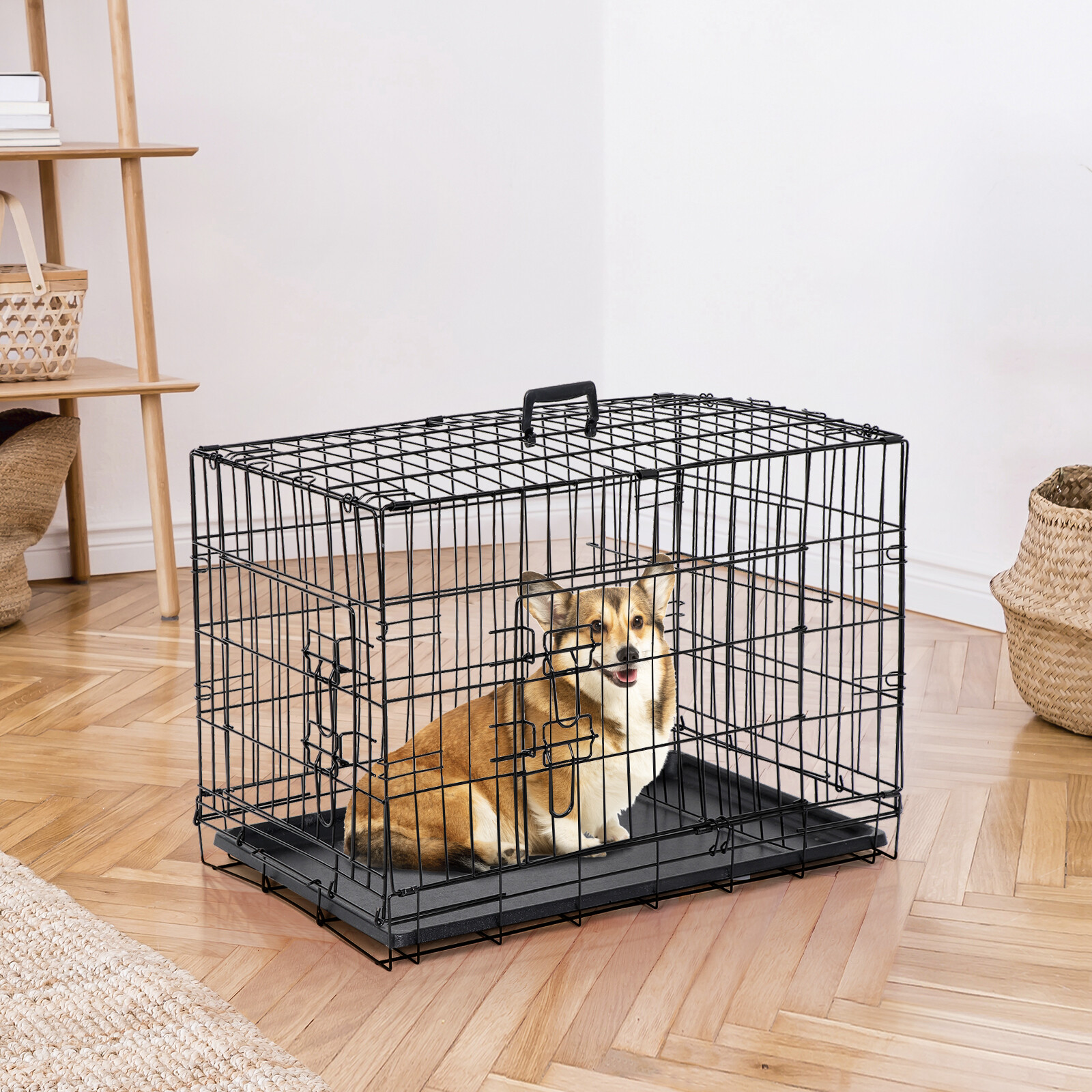 LINJH Durable Folding Metal Dog Crate Double Doors Pet Dog Crates Black Dog Cage 30"