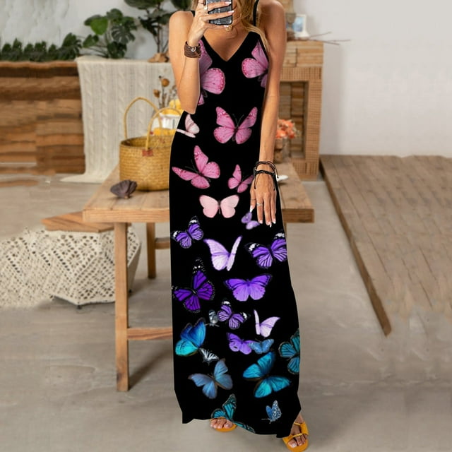 SMihono Été Boho Maxi Robe pour les Femmes Plus Size Femmes Été Mode Fronde V-Cou Sans Manches Papillon Impression Slim Plage Robe Plage Swing Sundress