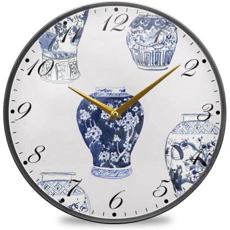 BESTKITTY Blue and White Porcelain Flowers Wall Clock Silent Non-Ticking Battery Operated Acrylic Painted Arabic Numerals Clocks 11.9 Inch for Home Kitchen Livingroom Office Classroom