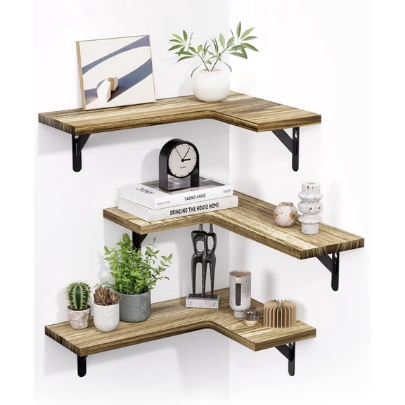 FAHZON Corner Floating Shelves Wall Mounted Set of 3, Brown