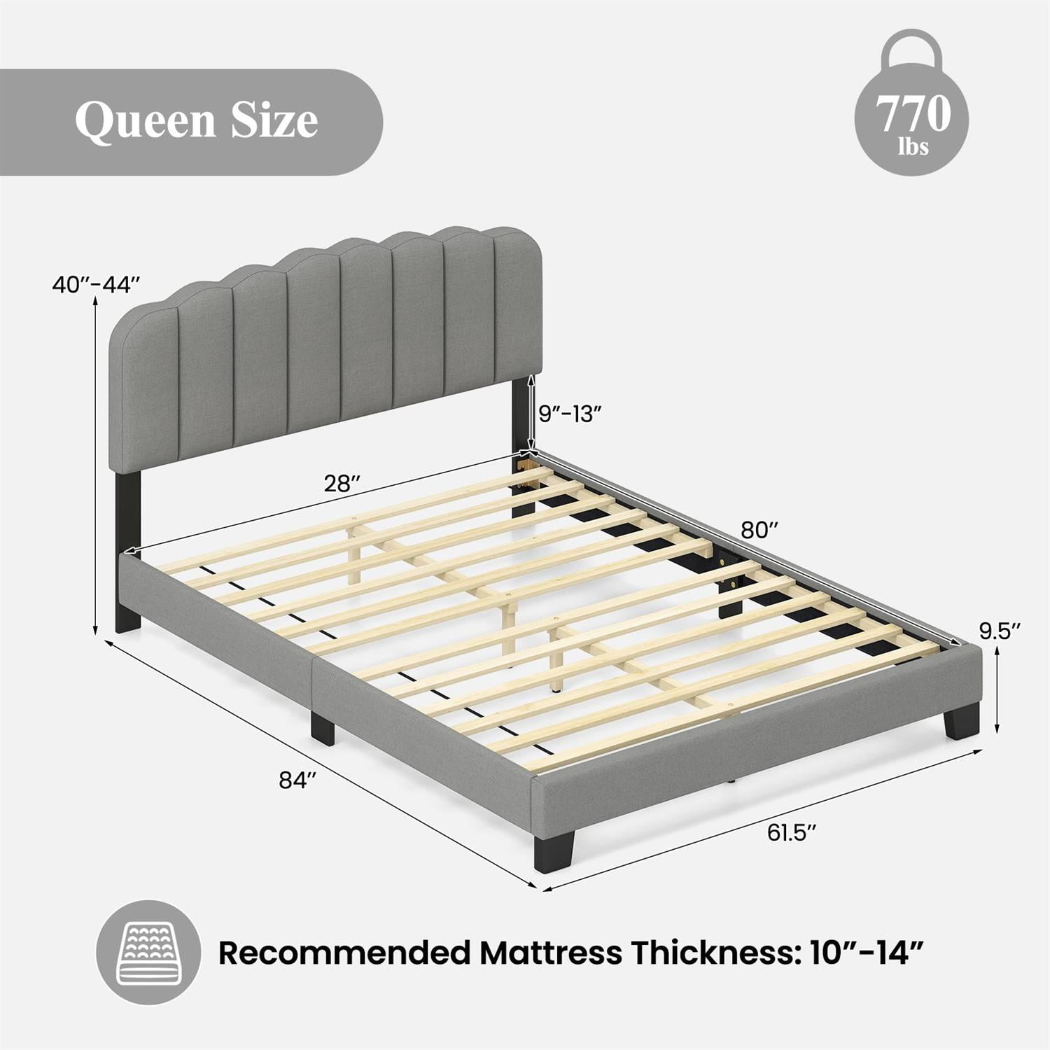 Spaco Queen Size Bed Frame, Adjustable Scalloped Tufted Headboard (2 Heights), Linen Upholstery, 12 LVL Slats, 770LBS Capacity, Gray + Black