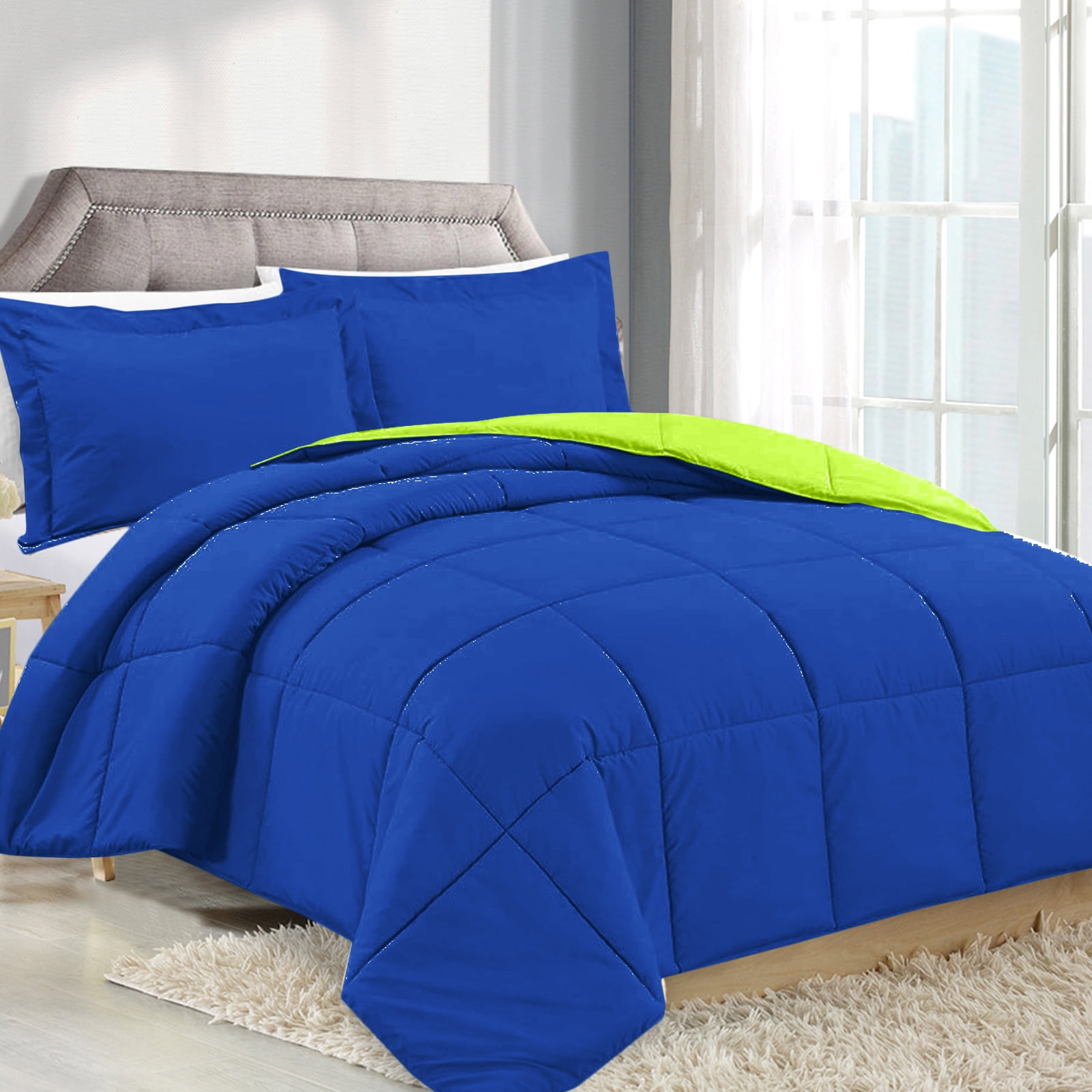 Clara Clark 5 Pc Twin Bed in a Bag - Bed Sheet Set + Twin Reversible Comforter - Royal Blue/Lime Green
