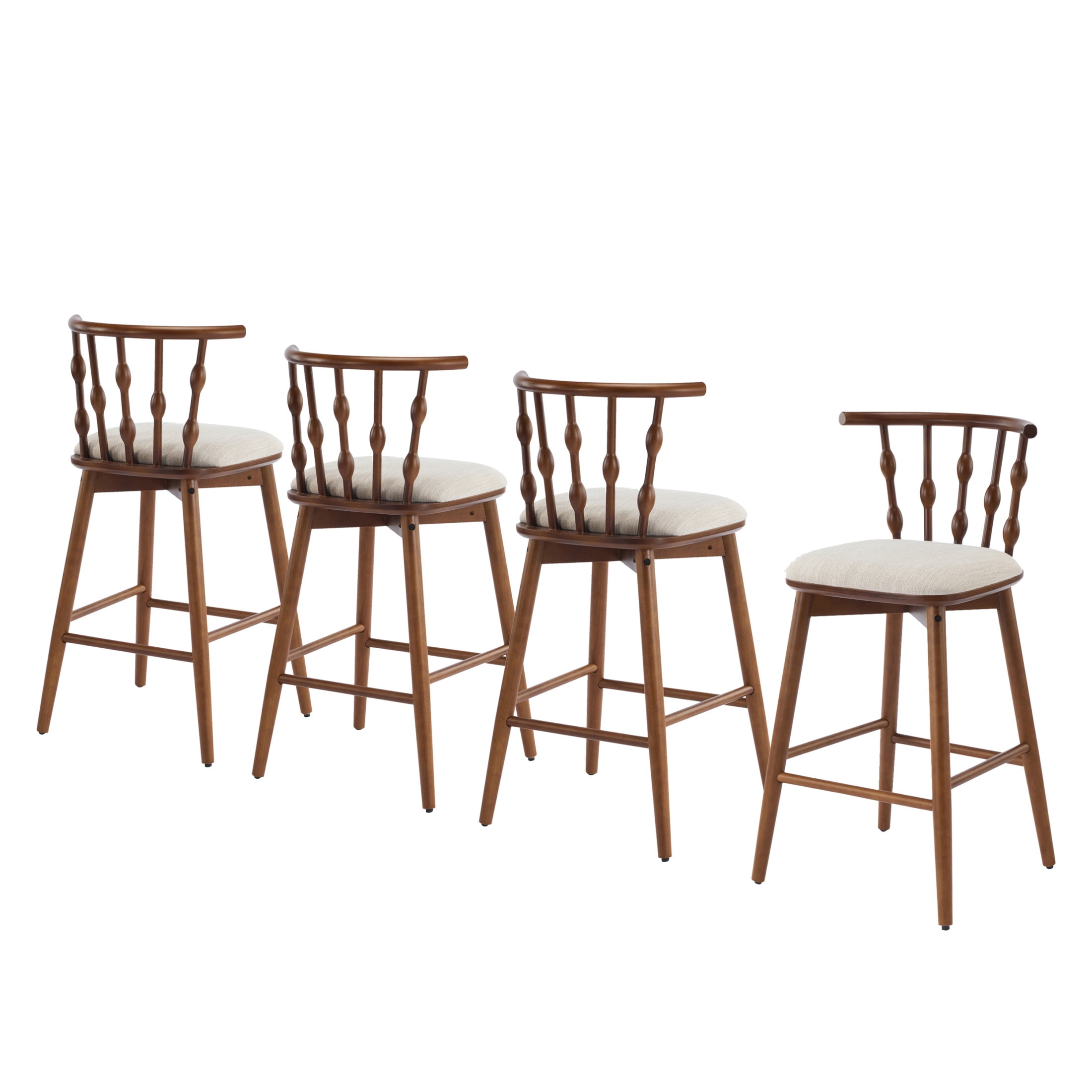 Christopher Knight Home 29" Bar Stools, Walnut Wood Frame with Hourglass Backrest, Beige Cushion, Set of 4