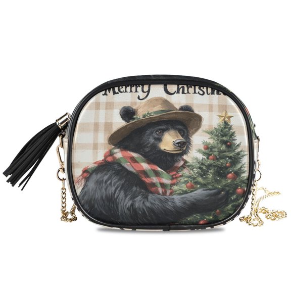Womens Casual Chain Shoulder Bag Simple style Black Bear with Christmas Tree Crossbody Bag