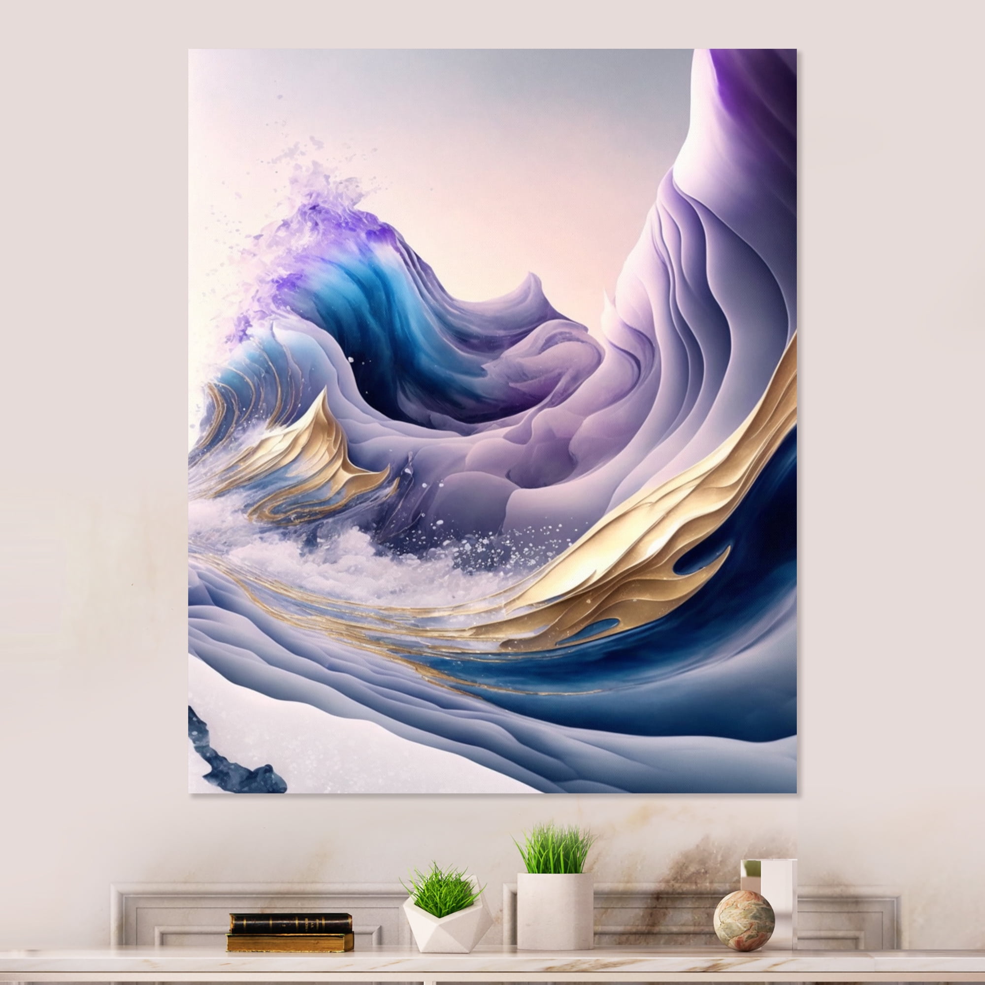 Designart Blue, Gold And Purple Splash Paint IV Canvas Wall Art