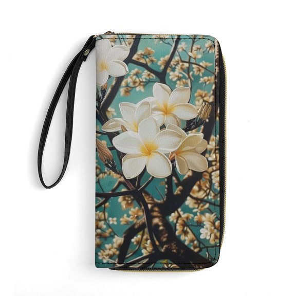 Womens Wallet Bifold Ladies Cluth Bag Wristlet Wrist Strap Long Purse Plumeria Flowers Design