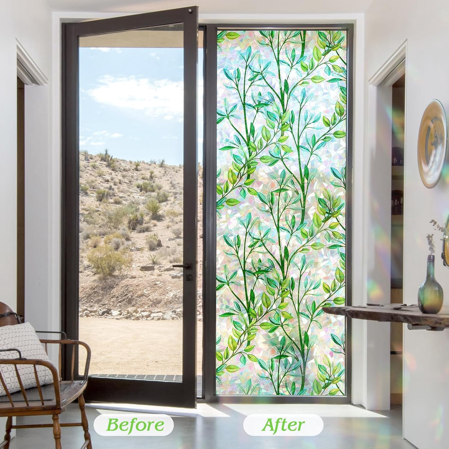 FILMGOO Rainbow Green Leaf Window Privacy Film, Static Cling Non-Adhesive Decorative Window Film, Heat Control Anti UV Window Tint for Home, 29.5in x 6.5ft