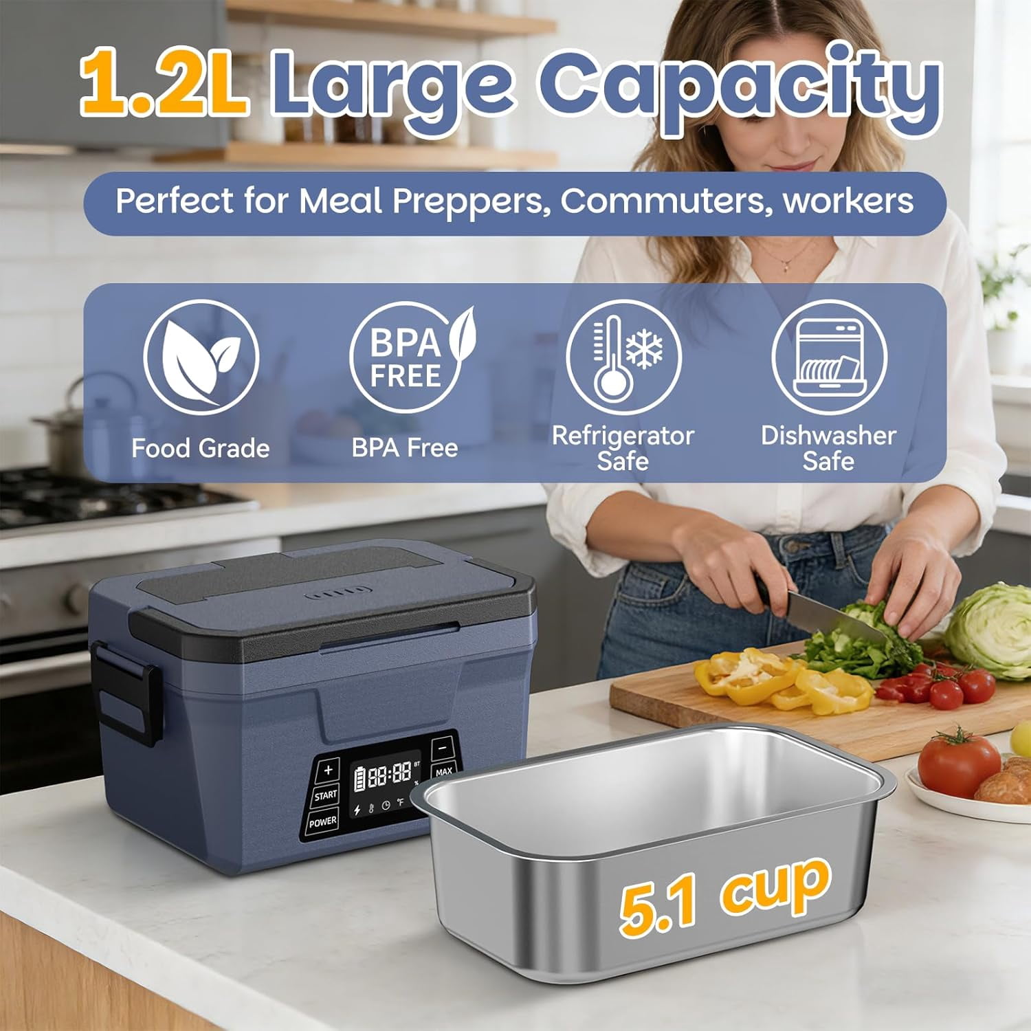 Netraty Cordless Electric Lunch Box for Adults, APP Control Heated Lunch Box Food Warmer 9000mAh Rechargeable Self Heating Lunchbox, Fast Heated for Work/Outdoor/Christmas White Elephant Gifts