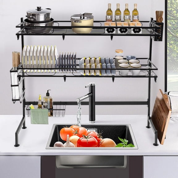 2-Tier Over Sink Dish Drying Rack Cutlery Drainer Kitchen Shelf Cup Organizing Black