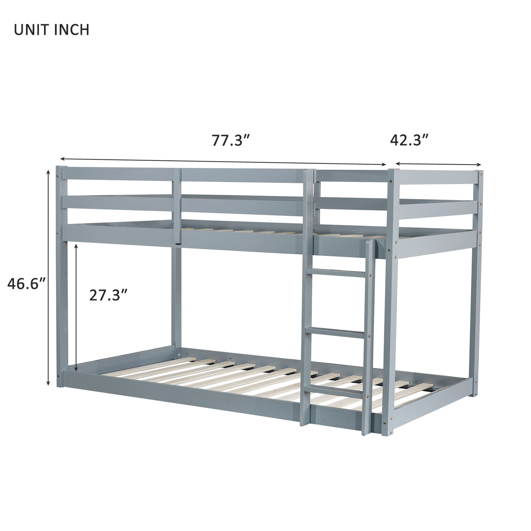 Noble House Alina Twin Over Twin Floor Bunk Bed with Ladder, Solid Rubber Wood Frame with Strengthened Slats, Grey