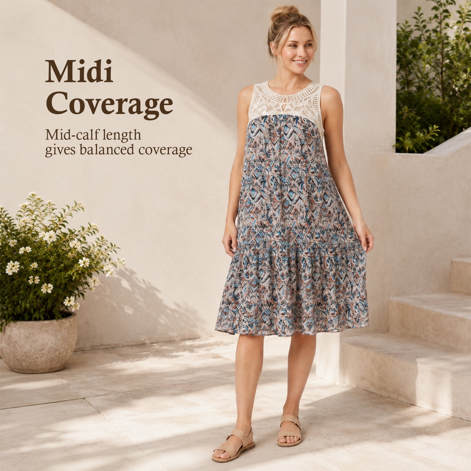 Alvantor Women's Cream Multi Printed Midi Dress with Crochet Yoke and Tiered Hem