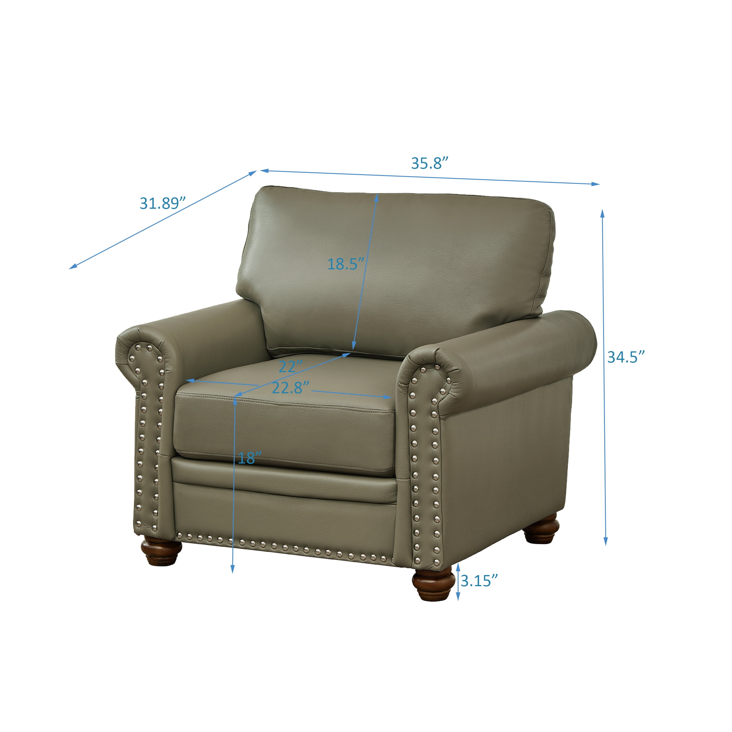 Classic Faux Leather Single Sofa Couch Armchair with Nailhead Trim and Removable Cushions for Living Room Office Apartment