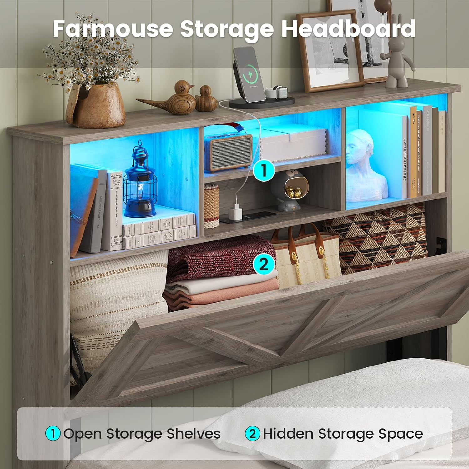 Twin Size Bed Frame, Farmhouse Wooden Platform Twin Bed with Storage Headboard Bookcase and 11'' Under-bed Storage Drawers Gray