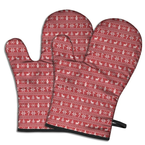 Cute Oven Mitts,Red Christmas Knitted Pattern Oven Mitt 2-Pack Set,Kitchen Gloves for Oven,Heat Resistant Oven Mitts 7.7"x12"