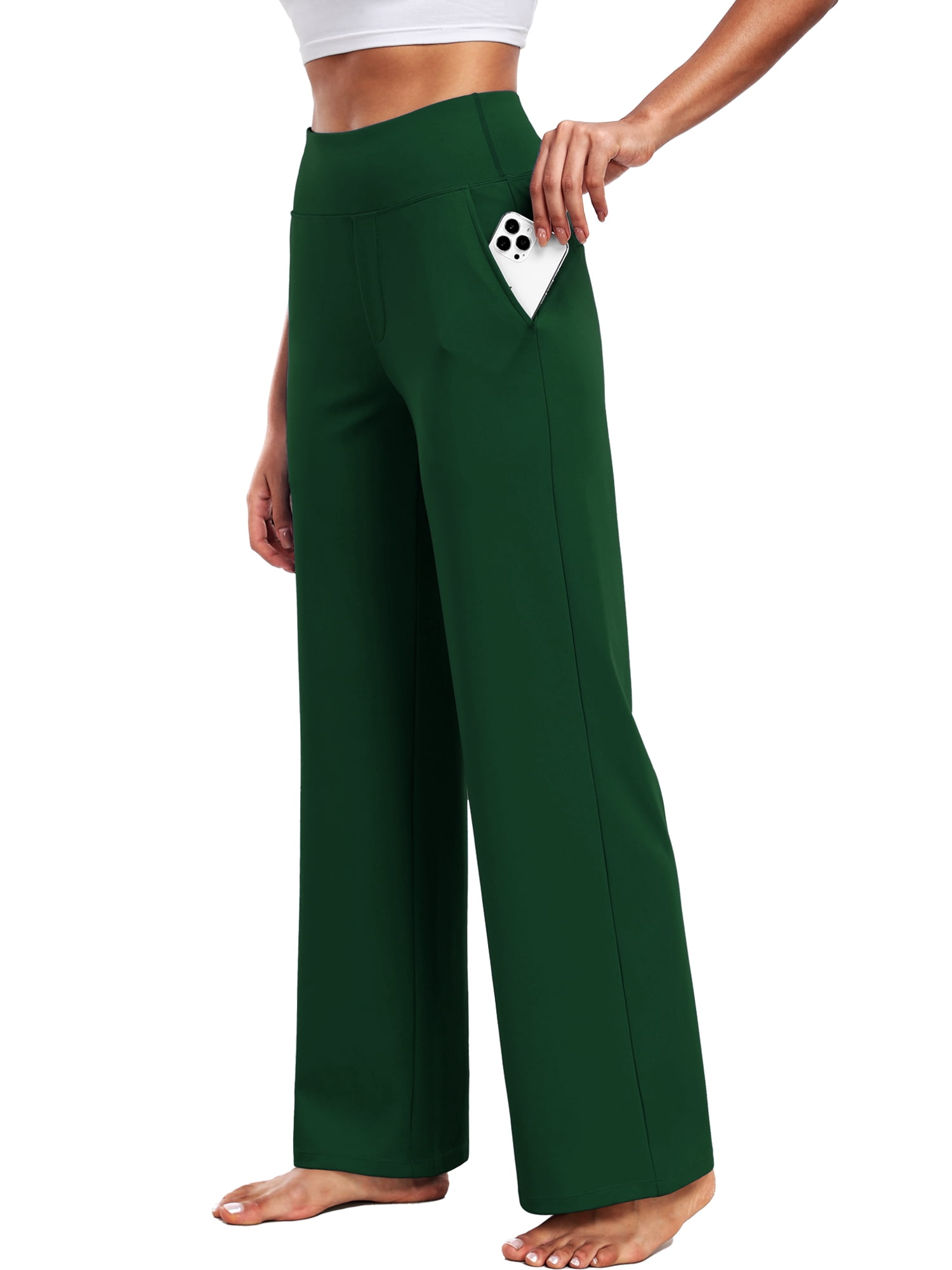 NELEUS Womens 29" Wide Leg Pants Athletic Yoga Leggings Casual Sweatpants Stretch Dress with Pockets,Dark Green,US Size L