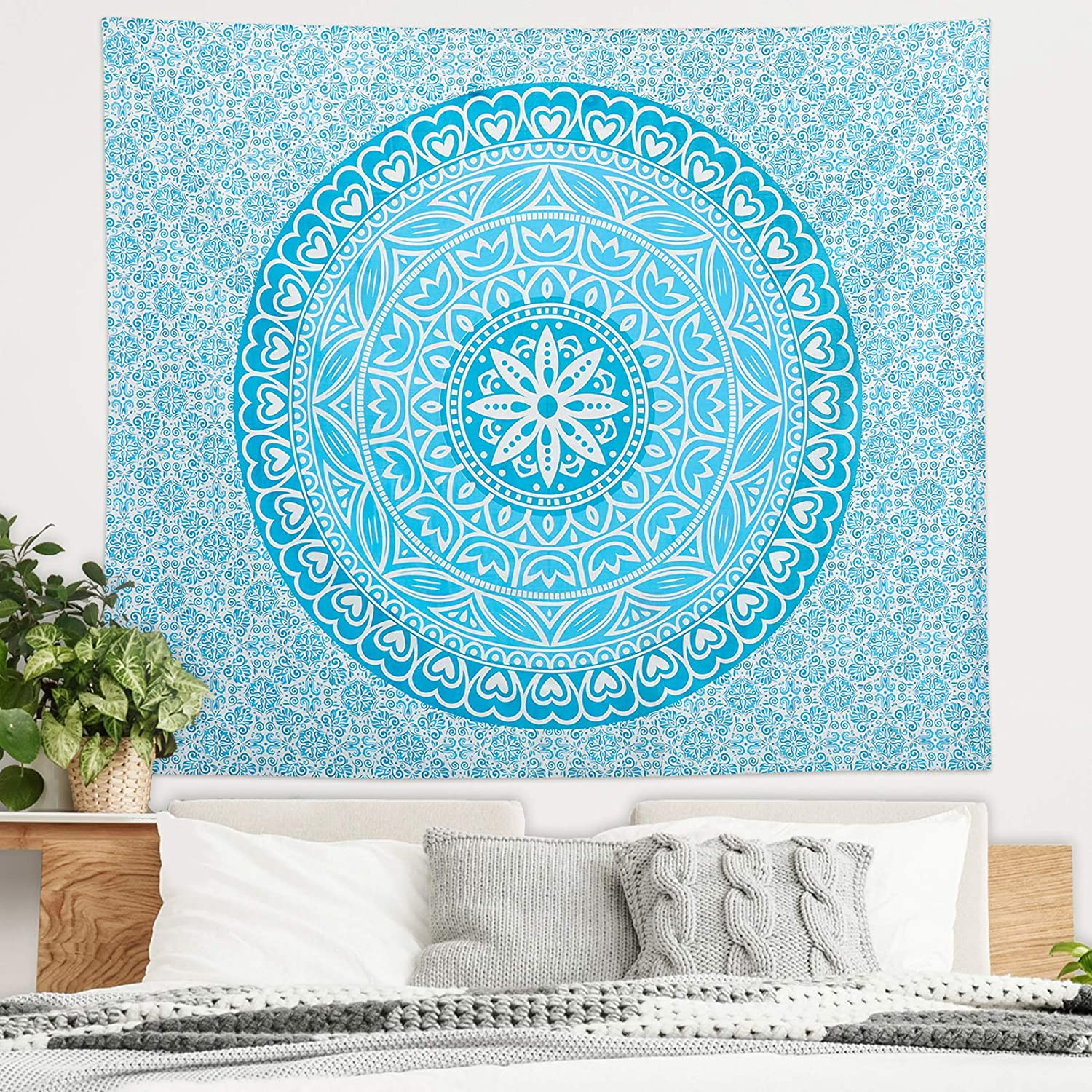Americanflat Mandala Tapestry Wall Hanging - Boho Hippie Indie Colorful Decoration Artwork Blanket for Living Room, Bedroom, or College Dorm - Handcrafted in India 100% Cotton, 50x60 Aqua