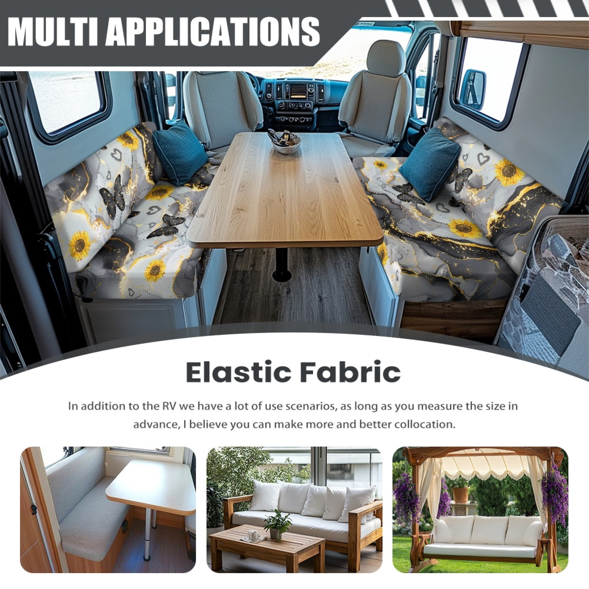 Yuyamidu Gray Marble Print RV Dinette Cushion Covers Butterfly RV Dinette Cushion Slipcover Sunflower RV Camper Couch Cushion Covers RV Dinette Cushions Replacement