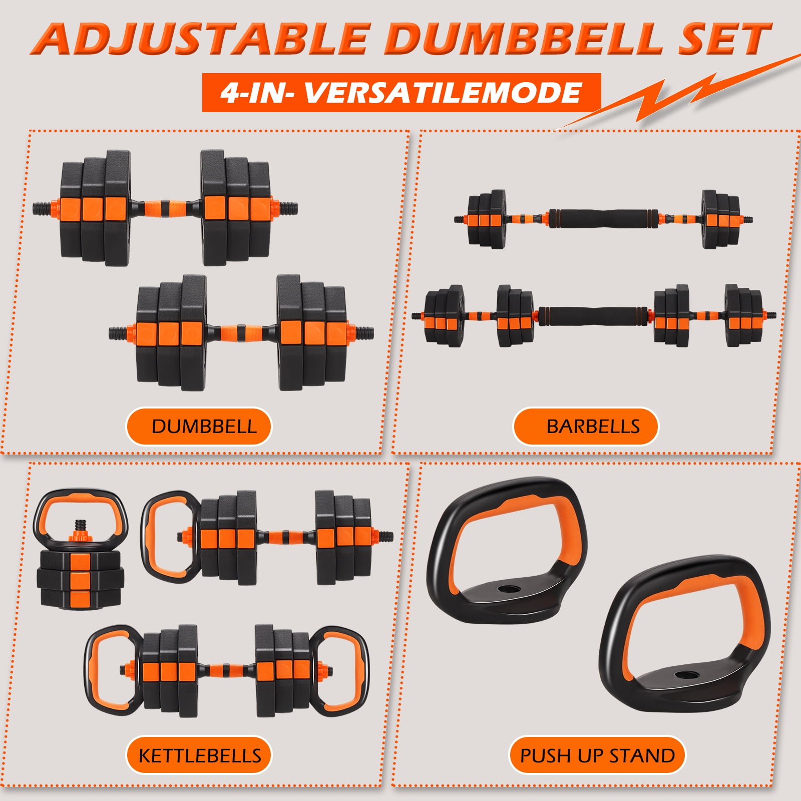 ARVAKOR 50lbs Adjustable Dumbbell Set – Octagonal Anti-Roll Design, Non-Slip Grip, Versatile Weights with Barbell, Kettlebell, Push-Up Options, Orange