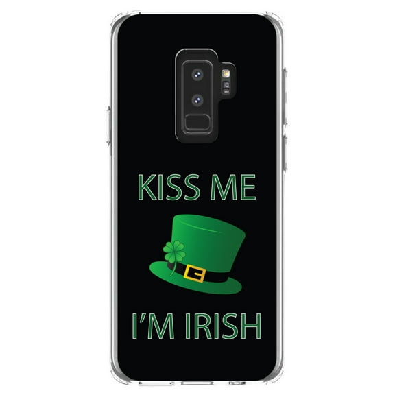 DistinctInk Clear Shockproof Hybrid Case for Samsung Galaxy S9  PLUS (6.2" Screen) - TPU Bumper, Acrylic Back, Tempered Glass Screen Protector - Black Green Kiss Me I'm Irish