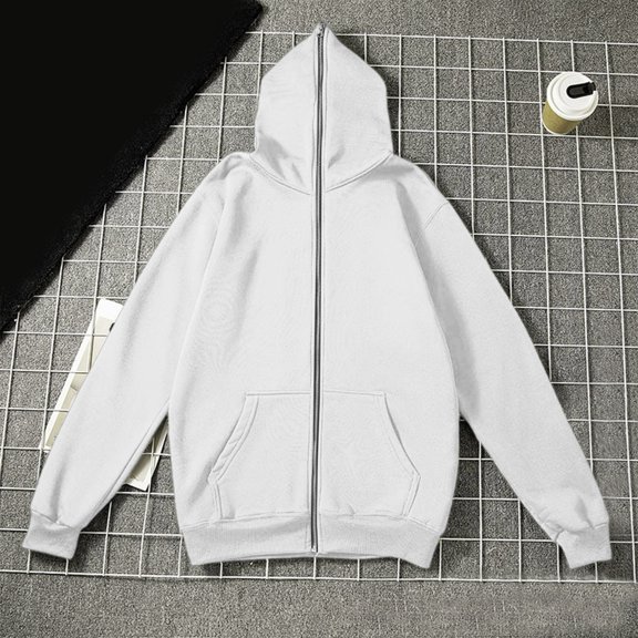 LEKWK Full Zip Hoodie for Men Soft Zip Through Hood Front Pockets Drop Shoulder Hooded Sweatshirt Relaxed Fit Casual Streetwear Jacket for Lounge Fall Winter White XXS