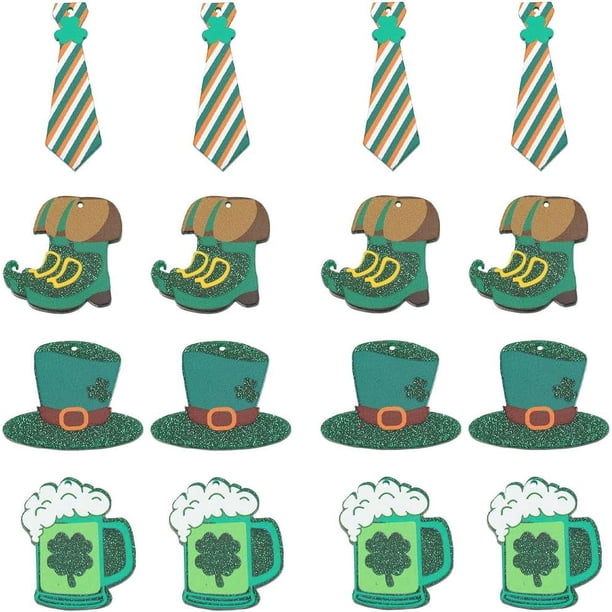 1 caja de 16 piezas de 4 estilos de dijes de trébol de cuatro hojas, dijes de acrílico para el Día de San Patricio, sombrero, corbata, botas, cerveza, dije festivo irlandés