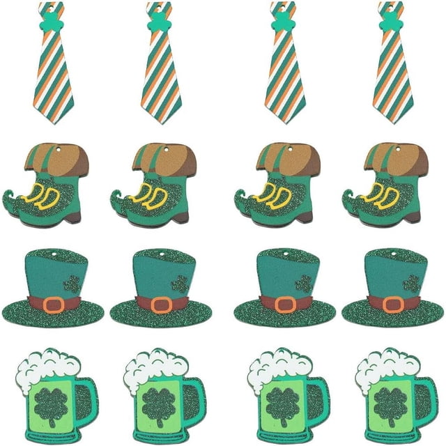 1 caja de 16 piezas de 4 estilos de dijes de trébol de cuatro hojas, dijes de acrílico para el Día de San Patricio, sombrero, corbata, botas, cerveza, dije festivo irlandés