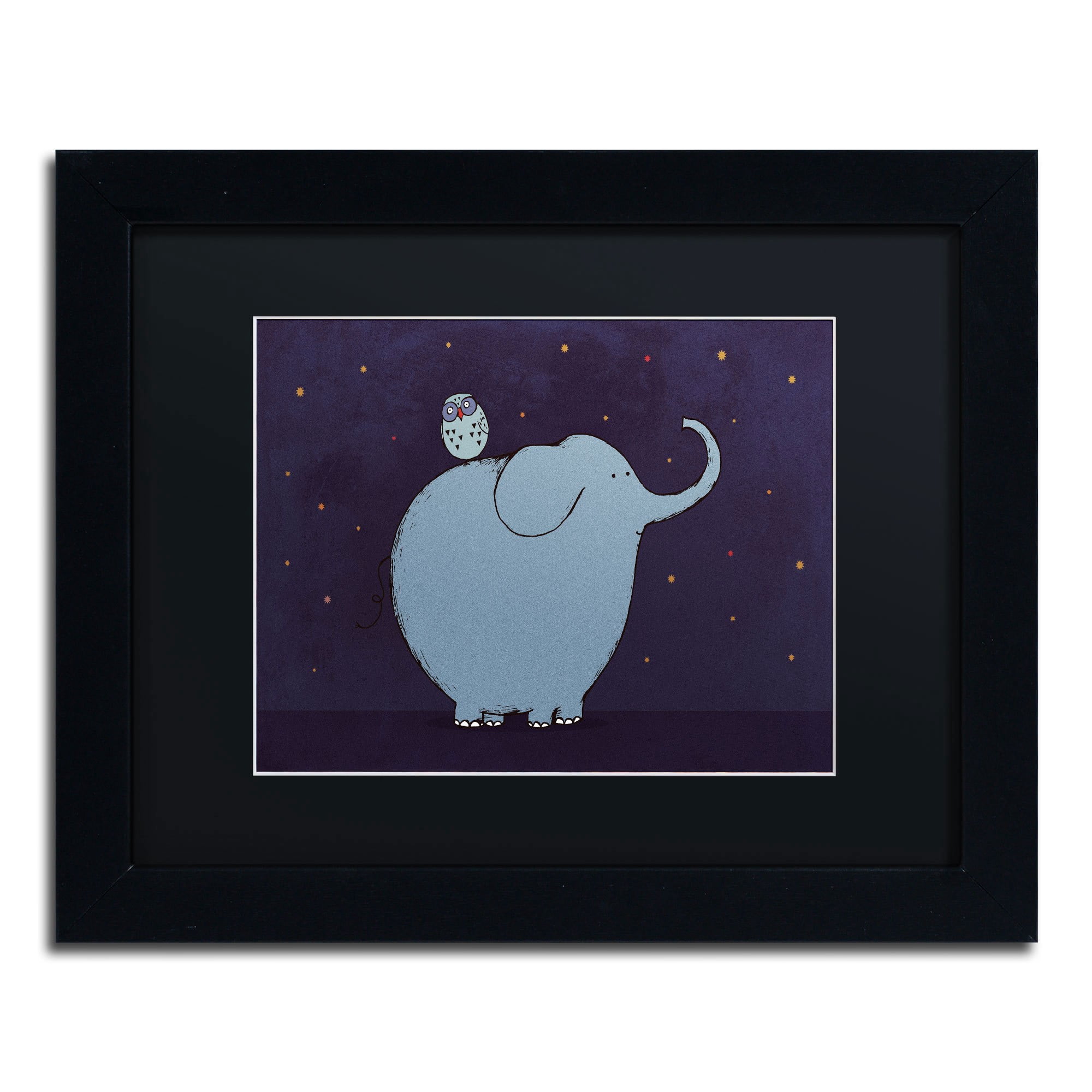 Carla Martell 'Owl and Elephant' Black Matted Framed Art