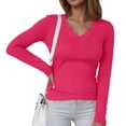 thumbnail image 2 of vigerkar Womens Long Sleeve Shirts V-Neck Rib Knit Slim Fit Tops Casual Stretch Basic Tee Going Out Top Fall Fashion (Hot Pink, L), 2 of 6
