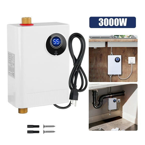 Moclever 3000W Electric Tankless Water Heater, Mini Instant Water Heater with Digital Display for Kitchen RV, White