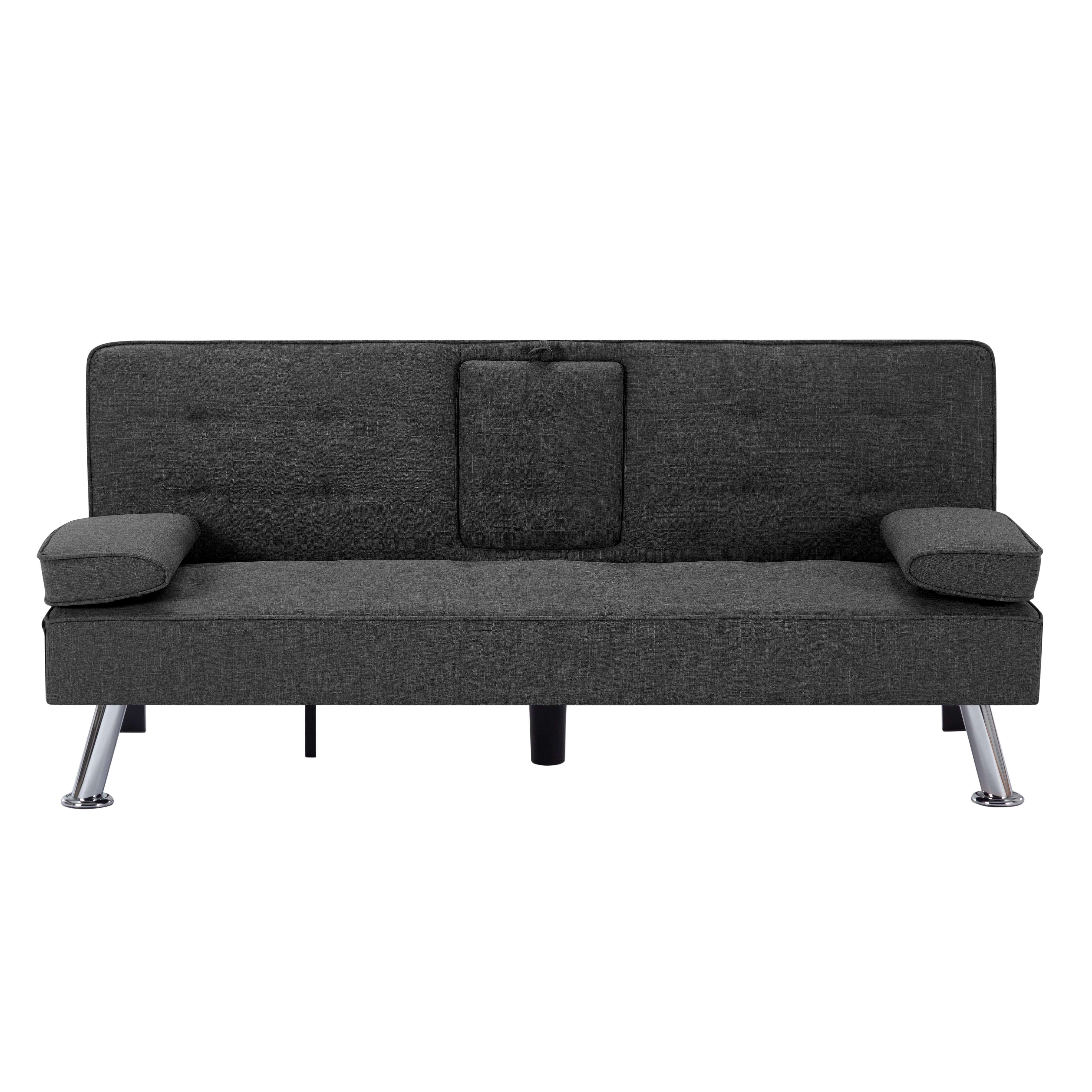 Gewnee 65.35" Futon Sofa Bed Metal Frame 5 Adjustable Positions Cup Holders Storage Pocket Office Apartment Dark Grey