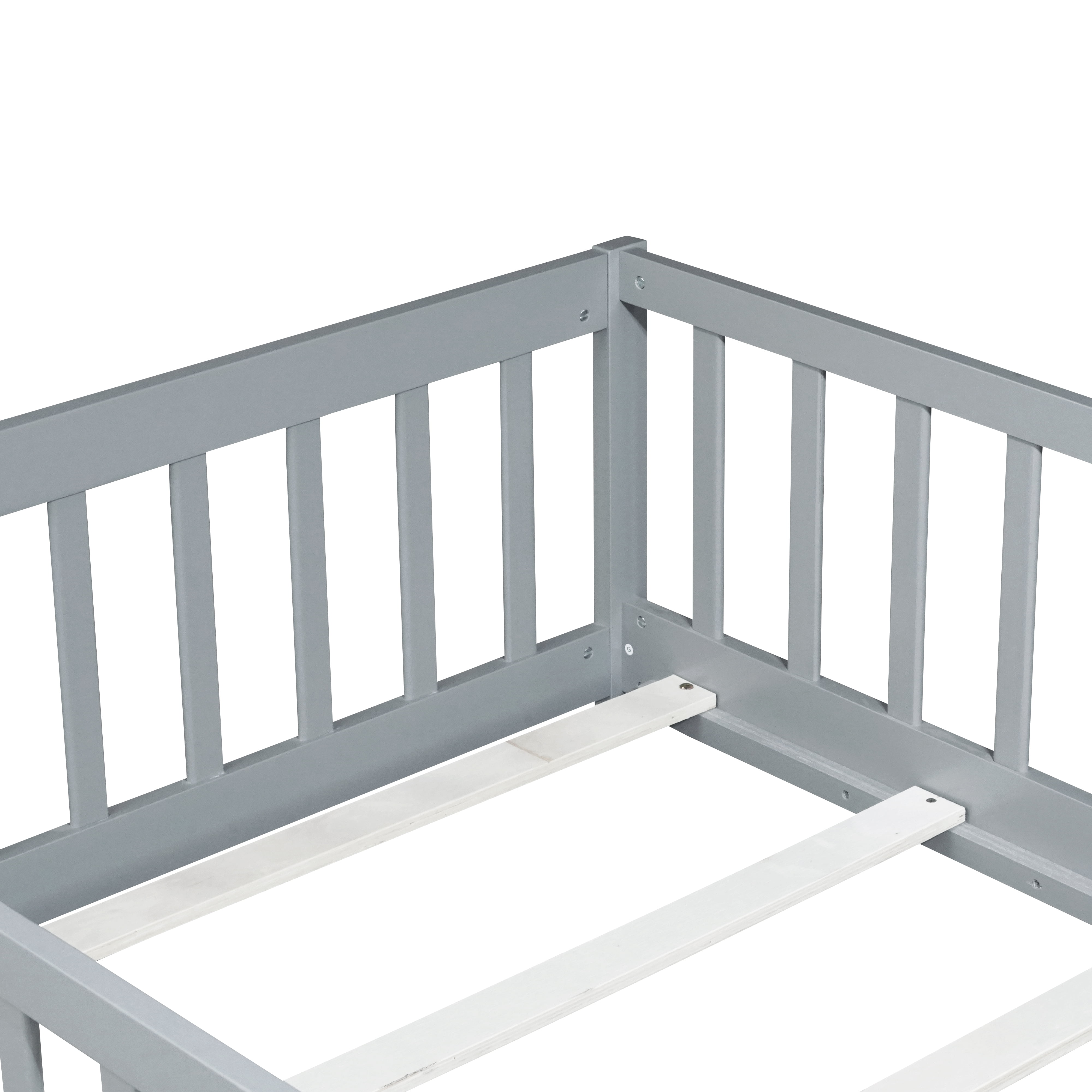 Miniyam Wooden Twin Size Floor Bed with Safety Fence for Kids, Gray