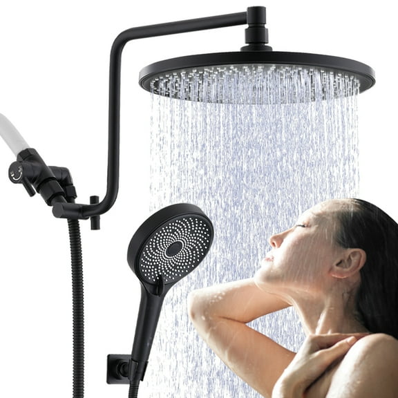 YDmeet 10 Inch 3-Way Shower Combo, Upgraded 12 Inch Adjustable Arm, Matte Black