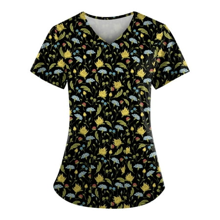 

TKing Fashion Women Plus Size Scrubs Top V-Neck Short Sleeve Striped Pockets Work Blouse for Women Black XL
