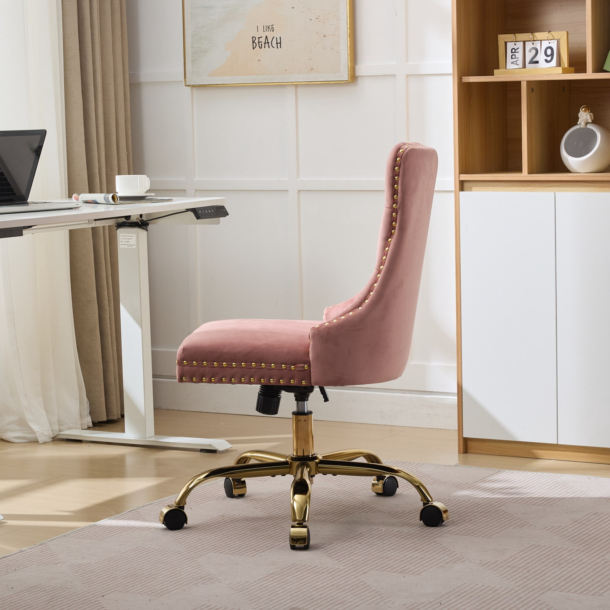 Jopath Velvet Home Office Desk Chair with Wheels & Gold Base, Makeup Vanity Chair with Tufted Back, Adjustable Desk Chair Swivel Office Chair for Bedroom, Pink