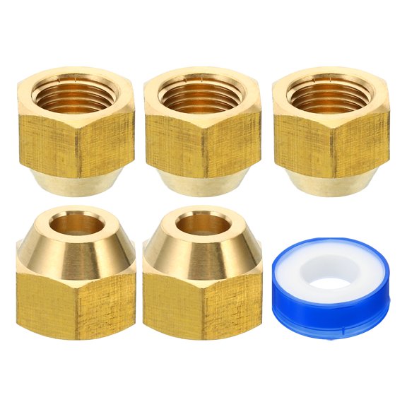 Uxcell 5/16 SAE Brass Flare Nut, 5 Pack 45 Degree Copper Flared Tube Fitting Brass Pipe Fitting Cap with Tape Glossy