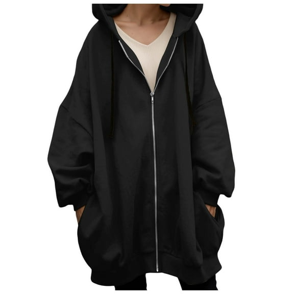 Wangmeiwg Women's Sweatshirts Women's Long Hooded Jacket Winter Warm Zip Up Coat Casual Streetwear Outerwear For Fall And Cold Weather Black 3XL