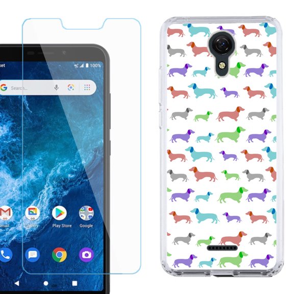 Slim-Fit Protective Phone Case compatible with Cricket Icon 2, with Tempered Glass Screen Protector, by OneToughShield ® - Colorful Dachshund/Puppy