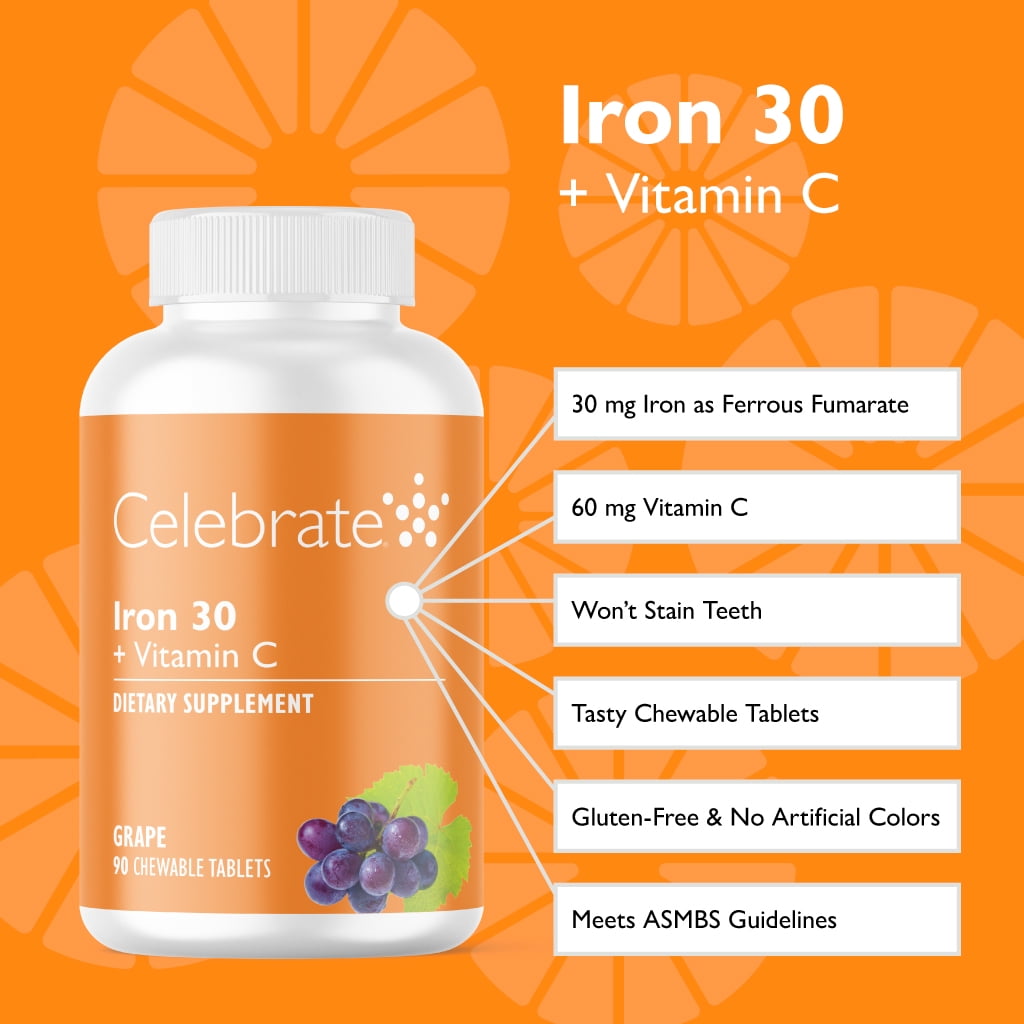 Celebrate Vitamins 30 mg Iron + Vitamin C Chewable Tablets - Grape Flavor - 90 count