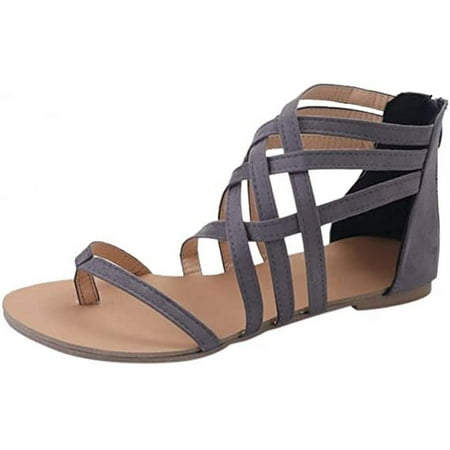 

2022 Women s Roman Gladiator Sandals Clip-Toe Woven Crisscross Zip Closure Flat Leather Shoes Summer Low