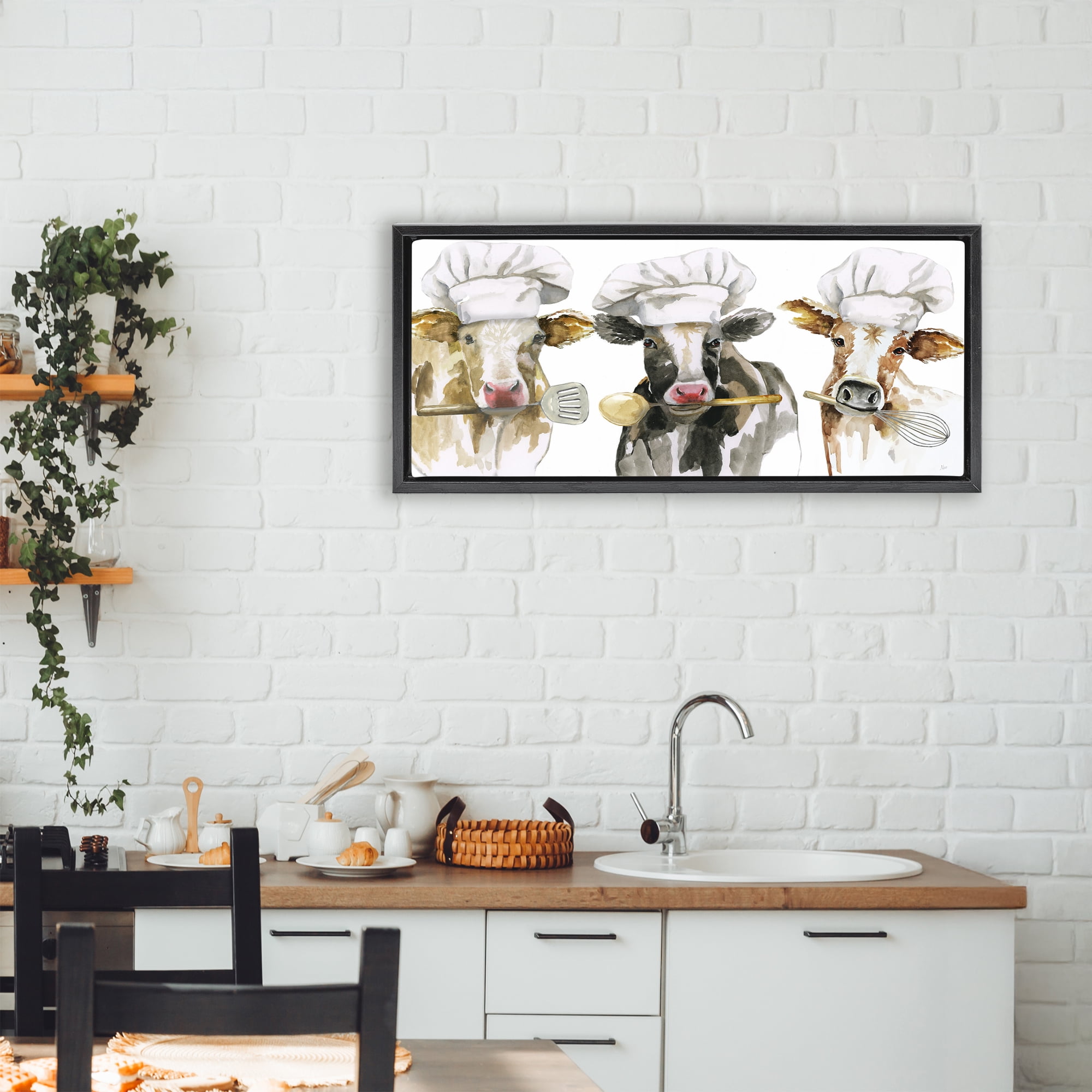 Stupell Industries Cow Chefs with Utensils Black Framed Floater Canvas Wall Art, design by Nan
