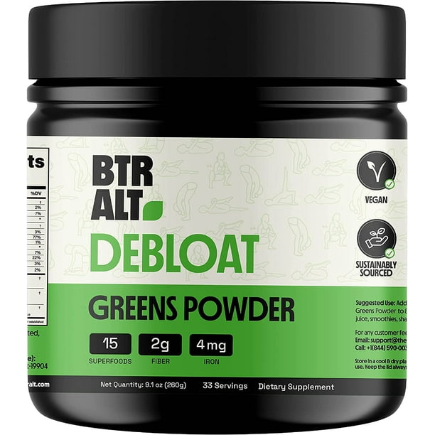 Better Alt Greens Powder, Reduces Bloating, Blend of 15 Super Greens with Spirulina, Vegan, 9.1