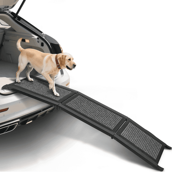60" Folding Pet Ramp for Cars With Non-Slip Rug Surface, Trucks & SUVs - Portable, Supports up to 250 lbs., Easy Storage, Collapsible by Sea for Large Dogs, Pet Stairs for Vehicle, Black