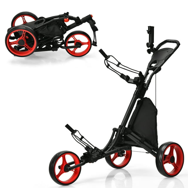 Goplus Chariot de Golf Pliant à 3 Roues avec Sac, Tableau d'Affichage, Poignée Ajustable, Rouge